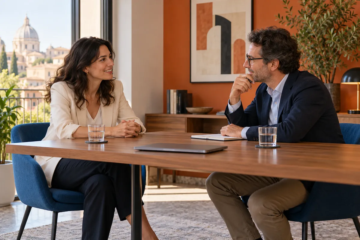Conversazione professionale davanti a un taccuino