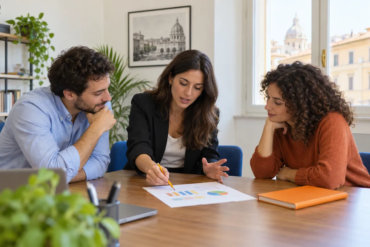 Tre colleghi discutono un documento con grafici